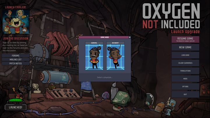 There are two modes available - No Sweat and Survival - Interface - Oxygen Not Included Game Guide