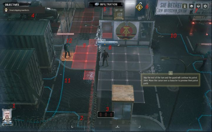 Here, you can see all your agents along with their health points, awareness and available moves - Interface - Basics - Phantom Doctrine Game Guide