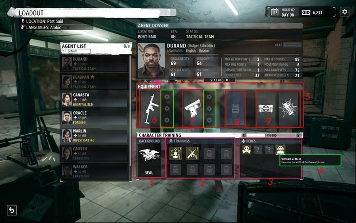 In the picture above you can see a character sheet - their level, stats, perks, training, equipment, heat level and current location - Character development in Phantom Doctrine game - Basics - Phantom Doctrine Game Guide