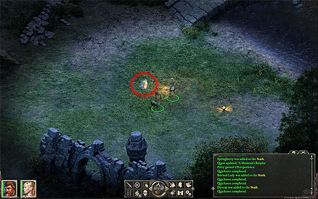 This is where you find the water skin - A Moments Respite - Main quest | Pillars of Eternity - Encampment - Pillars of Eternity Game Guide & Walkthrough