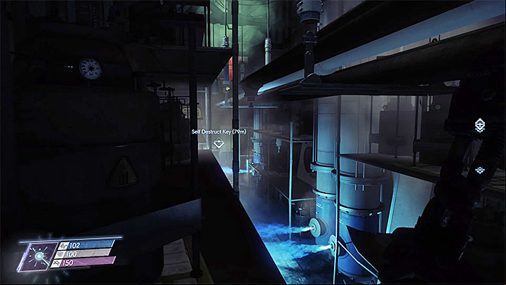 Use the shelves to move above the blue falmes - Shipping and Receiving | Main Story - Main Story - Walkthrough - Prey Game Guide