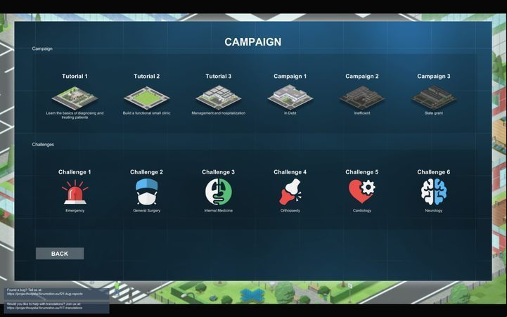 The game features 3 tutorial scenarios, 3 campaigns, and 6 challenges. - Project Hospital Guide