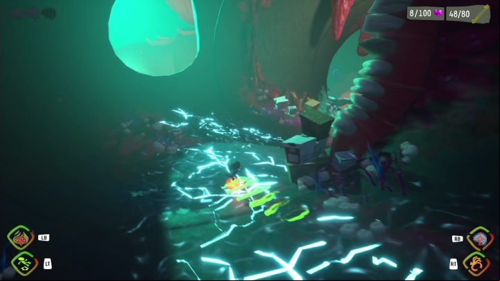 After jumping into the hole, you will need to complete a quick sequence of running along the teeth, water with electricity, etc - Psychonauts 2: Lobotos Labyrinth - walkthrough - Walkthrough - Psychonauts 2 Guide