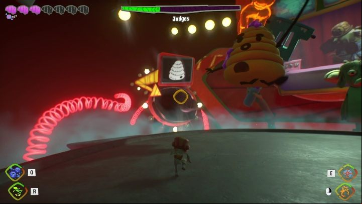 Before the enemies start attacking, grab some honey and throw it into the tunnel - Psychonauts 2: Judges boss fight - how to beat - Bosses - Psychonauts 2 Guide