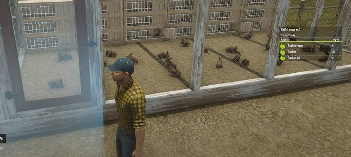 A cage with mature rabbits. - Greenhouse, small animals and investments, Pure Farming 2018 Walkthrough - Story Mode - Pure Farming 2018 Game Guide