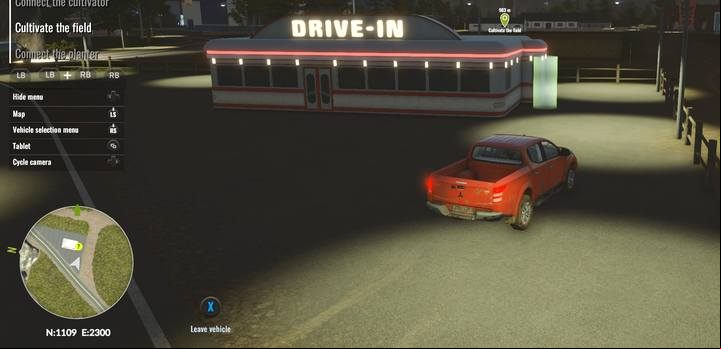 A drive-in in the western part of the map. - Greenhouse, small animals and investments, Pure Farming 2018 Walkthrough - Story Mode - Pure Farming 2018 Game Guide