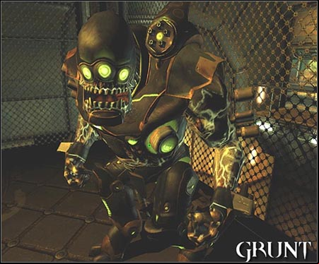 From the beginning of the game, Grunts accompany evil Stroggos in defending the base from human's attack - Grunt - Enemies - Quake 4 - Game Guide and Walkthrough