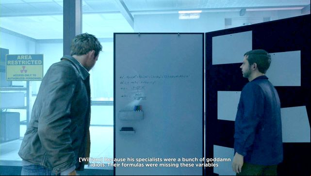 The board with equations is one of the Quantum Ripples - allow William to correct it - Act I, part 2 - Campus Escape - Walkthrough - Quantum Break - Game Guide and Walkthrough