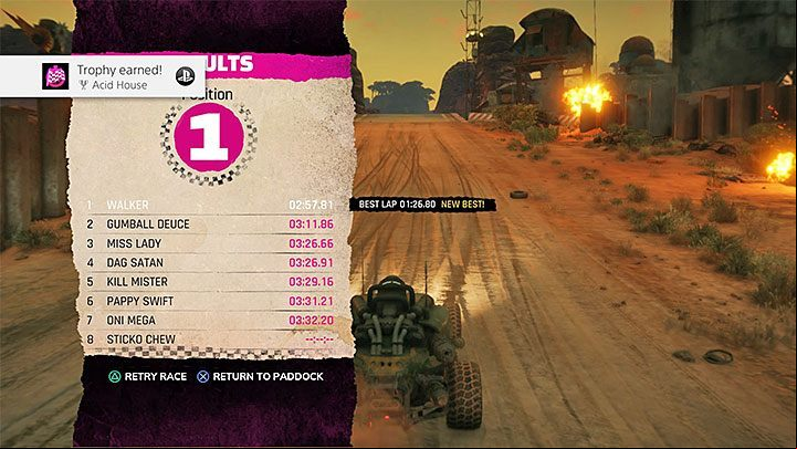 Achievement does not require you to win the race, but in the process of making an effort to unlock it, most probably you may win the race - Acid House | Rage 2 Trophy guide - Trophy Guide - Rage 2 Guide