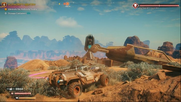 Hide behind the metal parts on the right to be able to destroy the Authority Sentry safely - Authority Sentries in Twisting Canyons - Rage 2 - Authority Sentry - Rage 2 Guide