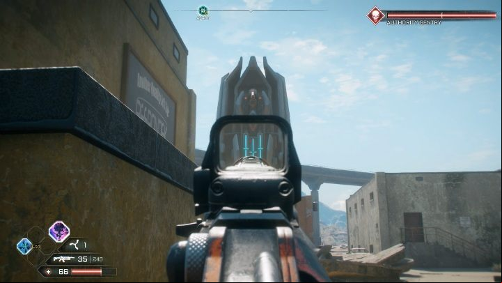 This Authority Sentry is inside a small town - Authority Sentries in Twisting Canyons - Rage 2 - Authority Sentry - Rage 2 Guide