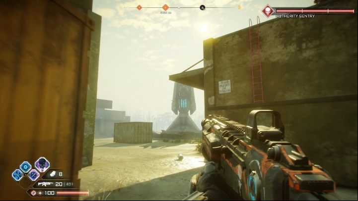 This Authority Sentry is between the buildings - Authority Sentries in Sekreto Wetlands - Rage 2 - Authority Sentry - Rage 2 Guide