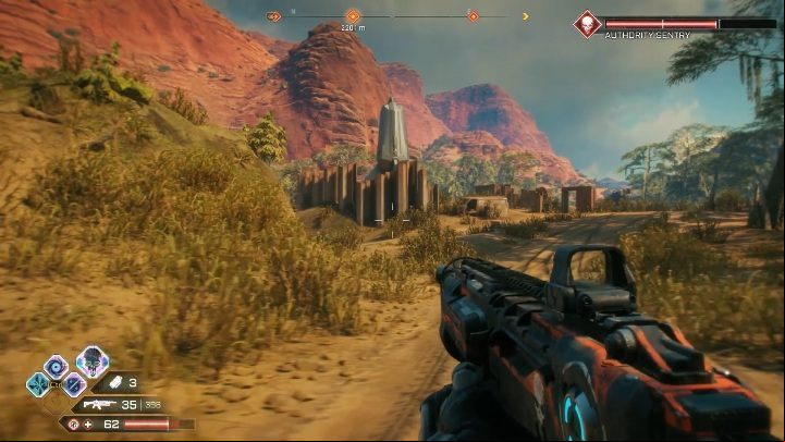 This Authority Sentry is in the middle of nowhere, you can hide, however, behind a mountain or behind a wooden bales - Authority Sentries in Sekreto Wetlands - Rage 2 - Authority Sentry - Rage 2 Guide