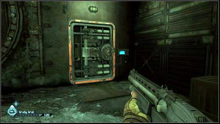 In the left side of the room you can see the door with a blue screen and the huge pipe nearby - Destroy the Bomb Caches - p. 1 | Main missions - Main missions - Rage Game Guide & Walkthrough