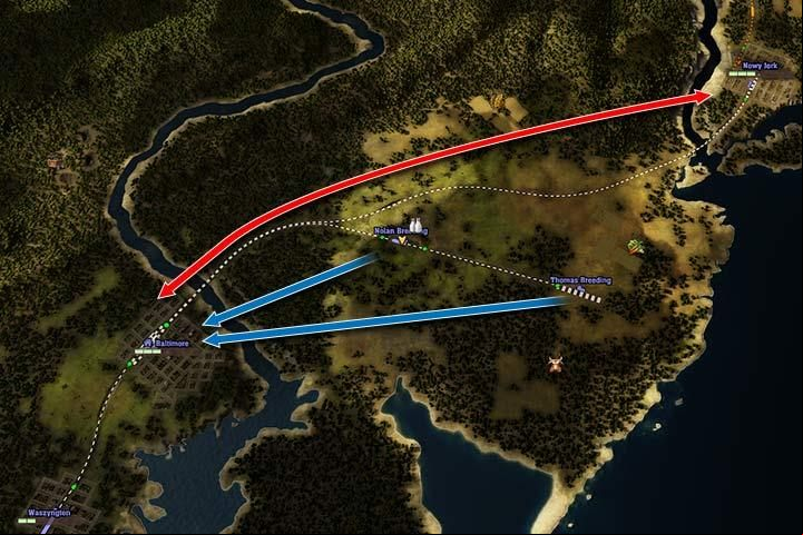 Between Baltimore and New York, there is a separate fast enger line (red arrow). Milk, vegetables and livestock from nearby farms are delivered over different cargo lines (blue arrows). This way, lines do not collide - Useful hints to make a good start in Railway Empire | The Basics - Beginners Game Guide - Railway Empire Game Guide