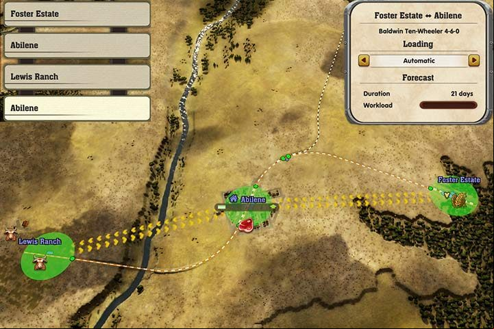 One train can handle several plants in different locations. In this example, the train will load the grain and take it to the city. Then, it will embark in the direction of the ranch and take the cattle to the factory in the city. In the beginning, the demand is small, so there is no need to create two separate lines. - Building tracks and creating lines in Railway Empire - Building tracks - Railway Empire Game Guide