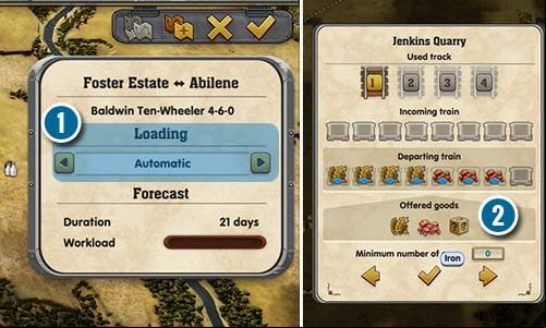 Automatic loading is the default and the option you will choose most commonly (1). Sometimes, you will have to manually choose what the train will load on a given station (2). - Building tracks and creating lines in Railway Empire - Building tracks - Railway Empire Game Guide