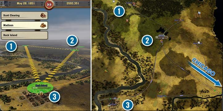 There is a simple way to speed up the construction of the Rock Island bridge. In the north, you will find one of the two wood production centers, i.e. the Scott Clearing (1). In Madison, there is a free construction slot, where you can build a sawmill (2), and it is also very close to Rock Island (3). After finishing the construction, you can take both products to Chicago. - Chapter 3 - Over the Mississippi | Campaign in Railway Empire - Campaign - Railway Empire Game Guide