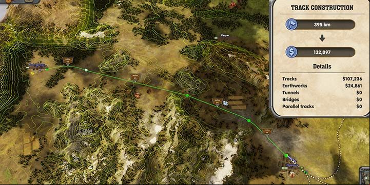 Small modifications to the route between the mountains will significantly affect the cost of building a new connection. - Chapter 1 - Great Plains | Campaign in Railway Empire - Campaign - Railway Empire Game Guide