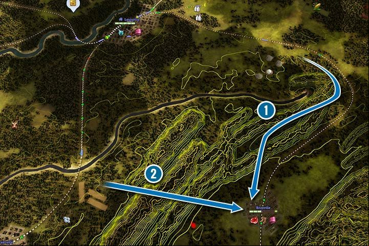 There are two ways to reach Knoxville. You can avoid the mountains and choose the longer, but cheaper route (1). Up until now, you have probably already created a connection to Nashville. You can create a shortcut that runs through the mountains. It is very expensive because of the construction of a tunnel (2). - Chapter 4 - Civil War | Campaign in Railway Empire - Campaign - Railway Empire Game Guide