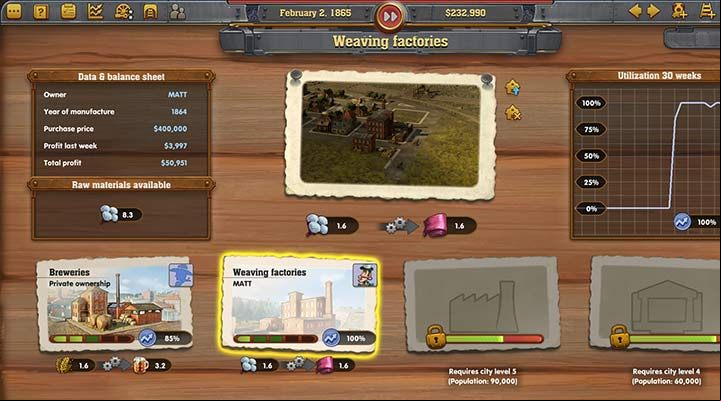 Weaving factories can make a lot of money, because they use raw materials to manufacture, and the final products (clothes) are needed in the city and they are delivered to all the surrounding towns. - How to make money in Railway Empire? | Begginers Game Guide - Beginners Game Guide - Railway Empire Game Guide
