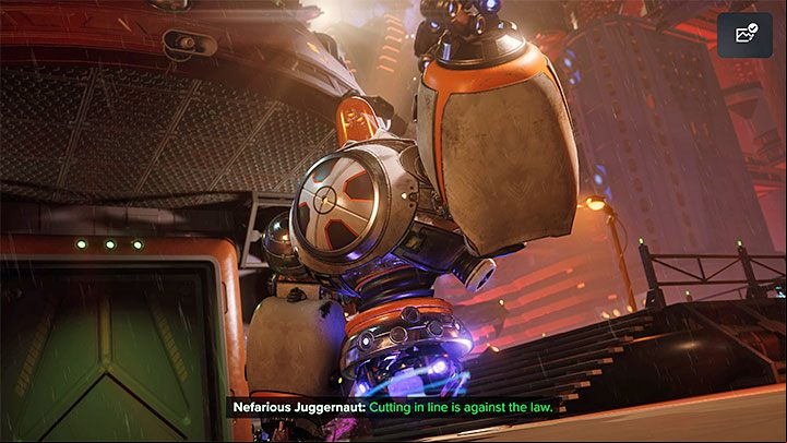 The confrontation with the Nefarious Juggernaut takes place shortly after Phantom is kidnapped and you are instructed to reach the statue of Nefarious - this is done using the wall running option - Ratchet & Clank Rift Apart: Nefarious Juggernaut - how to defeat it? - Bosses - Ratchet & Clank Rift Apart Guide
