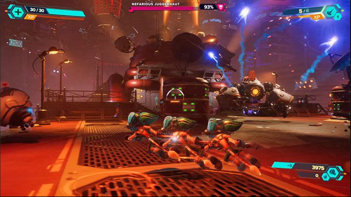 The first of the basic boss attacks is a rocket fire using blue missiles - Ratchet & Clank Rift Apart: Nefarious Juggernaut - how to defeat it? - Bosses - Ratchet & Clank Rift Apart Guide