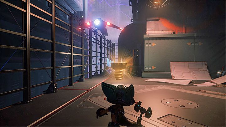 Turn toward the balcony shown in screenshot 1 - Ratchet & Clank Rift Apart: Nefarious City - collectibles, list of all, map - Secrets and Collectibles - Ratchet & Clank Rift Apart Guide