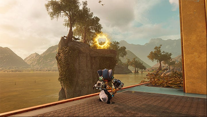 To find the gold bolt, you have to explore the back of the gelatonium factory building in front of which Rivet is supposed to meet Mort as part of the main storyline - Ratchet & Clank Rift Apart: Sargasso - collectibles, list of all, map - Secrets and Collectibles - Ratchet & Clank Rift Apart Guide