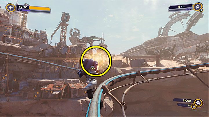 When using the rails, wait until you get the chance to pull yourself towards the slot pictured in the screenshot - Ratchet & Clank Rift Apart: Torren IV - collectibles, list of all, map - Secrets and Collectibles - Ratchet & Clank Rift Apart Guide
