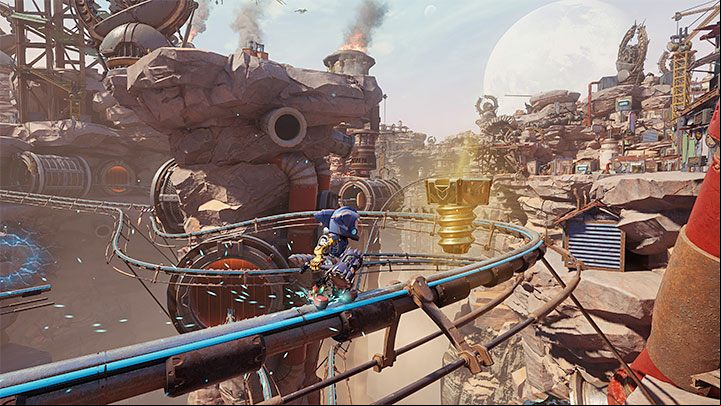 If you pull yourself to the slot correctly, you will be able to jump to the new rail, which will lead you to the gold bolt levitating above the rail - Ratchet & Clank Rift Apart: Torren IV - collectibles, list of all, map - Secrets and Collectibles - Ratchet & Clank Rift Apart Guide