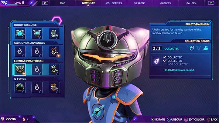 The Lombax Praetorian set pieces increase the amount of Raritanium you collect - Ratchet & Clank Rift Apart: Torren IV - collectibles, list of all, map - Secrets and Collectibles - Ratchet & Clank Rift Apart Guide