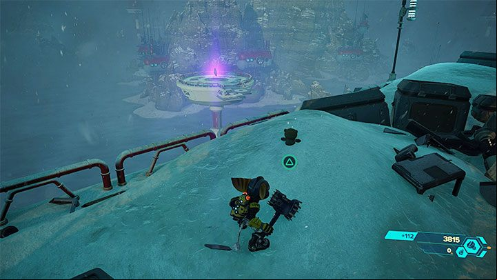 Start exploring the area by going down the slippery ramps (which were stairs in the hot dimension) - Ratchet & Clank Rift Apart: Cordelion - list of all collectibles, map - Secrets and Collectibles - Ratchet & Clank Rift Apart Guide