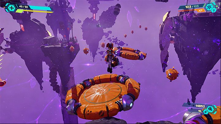 You need to overcome a rather challenging obstacle course in the Pocket Dimension, where you have to primarily bounce off pontoons and avoid falling into the abyss - Ratchet & Clank Rift Apart: Cordelion - list of all collectibles, map - Secrets and Collectibles - Ratchet & Clank Rift Apart Guide
