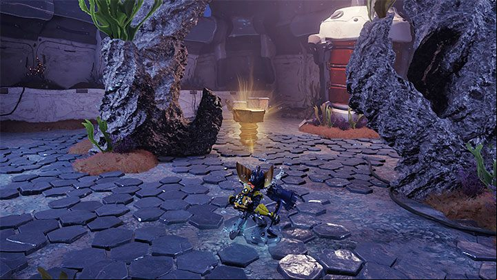 In the new area, you will find the bolt behind some rocks - Ratchet & Clank Rift Apart: Cordelion - list of all collectibles, map - Secrets and Collectibles - Ratchet & Clank Rift Apart Guide