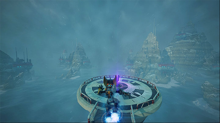 Gain a lot of speed with the Hoverboots in order to jump from the central platform towards the round one and fly towards it - Ratchet & Clank Rift Apart: Cordelion - list of all collectibles, map - Secrets and Collectibles - Ratchet & Clank Rift Apart Guide
