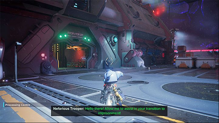 Craiggerbear is inside the processing center building where Ratchet and Kit are being held in the early part of the mission - Ratchet & Clank Rift Apart: CraiggerBear list - Secrets and Collectibles - Ratchet & Clank Rift Apart Guide