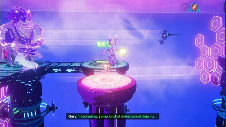 Remain on the pressure plate until the nearby platform has lowered - Ratchet & Clank Rift Apart: Kit, Return to Sargasso - puzzle guide, list - Clank and Kit Riddles - Ratchet & Clank Rift Apart Guide