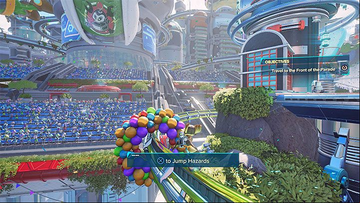 After a short cut-scene, you will begin your first grind on a rail - Ratchet & Clank Rift Apart: Parade - walkthrough - Prologue - Corson V - Ratchet & Clank Rift Apart Guide