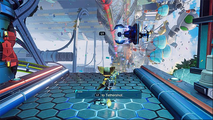 The magnetic path will lead you to the first Tether - Ratchet & Clank Rift Apart: Parade - walkthrough - Prologue - Corson V - Ratchet & Clank Rift Apart Guide