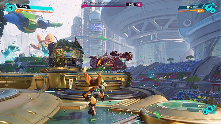 Fight more enemies on the larger platform - Ratchet & Clank Rift Apart: Parade - walkthrough - Prologue - Corson V - Ratchet & Clank Rift Apart Guide