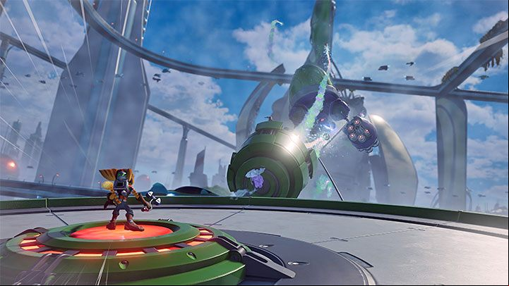 After a short cut-scene, deal with the thugs and reach the place with the red button - Ratchet & Clank Rift Apart: Pursue Dr. Nefarious - walkthrough - Prologue - Corson V - Ratchet & Clank Rift Apart Guide