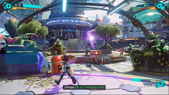Shortly after you make your first purchase, an enemy landing craft will appear in the area, and a group of opponents will get out of it - Ratchet & Clank Rift Apart: Pursue Dr. Nefarious - walkthrough - Prologue - Corson V - Ratchet & Clank Rift Apart Guide