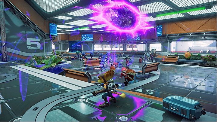 Return to the main platform and this time investigate the rift to the left, which allows you to resume crossing the station - Ratchet & Clank Rift Apart: Pursue Dr. Nefarious - walkthrough - Prologue - Corson V - Ratchet & Clank Rift Apart Guide