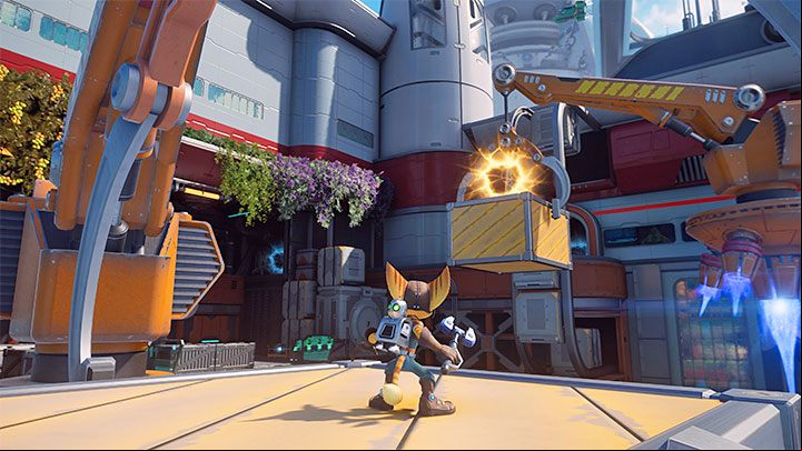 Stay on the container and wait until you approach a stationary crane with a second container and a second rift on it - Ratchet & Clank Rift Apart: Pursue Dr. Nefarious - walkthrough - Prologue - Corson V - Ratchet & Clank Rift Apart Guide