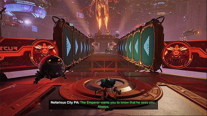Use the two running walls shown in the picture - Ratchet & Clank Rift Apart: Investigate the Nefarious Statue - Nefarious City - Ratchet & Clank Rift Apart Guide