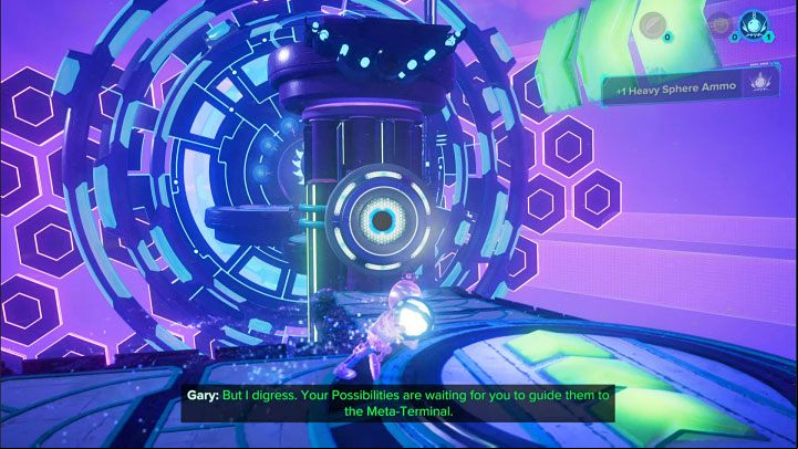 Use the heavy sphere immediately on the lift next to it - throw the sphere into the slot shown in the picture - Ratchet & Clank Rift Apart: Clank, Blizar Prime - puzzle guide, list - The riddles of Clank and Kit - Ratchet & Clank Rift Apart Guide