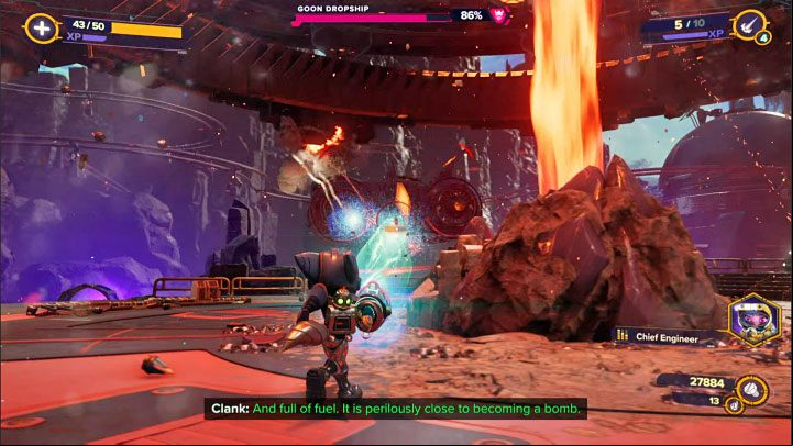 The best way of attacking the Dropship is to use use strong firearms and such stuff as Negatron Collider - Ratchet & Clank Rift Apart: Goon Dropship, Blizar Prime - how to defeat? - Bosses - Ratchet & Clank Rift Apart Guide