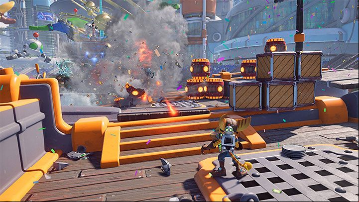 When shooting, try to hit red explosive barrels and crates - Ratchet & Clank Rift Apart: Beginners guide - Basics - Ratchet & Clank Rift Apart Guide