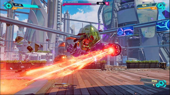 Nefarious' most formidable attack is firing a large laser that initially shoots only in a horizontal line - Ratchet & Clank Rift Apart: Doctor Nefarious, Prologue, Corson V - how to defeat the boss? - Bosses - Ratchet & Clank Rift Apart Guide